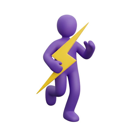 A 3D of a purple human-like figure in a dynamic running pose, holding a bright yellow lightning bolt. The figure is simplified and abstract, with smooth, rounded forms. The lightning bolt appears to radiate energy, emphasizing a sense of power and speed. The overall style is modern and digital, conveying concepts related to energy, speed, or technological innovation.の写真素材
