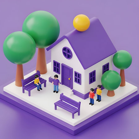 a 3D of a small, stylized house with a purple roof and white walls. The house has a round window and...