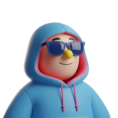 a 3D cartoon character with a blue hoodie that has a pink interior lining. The character is wearing...
