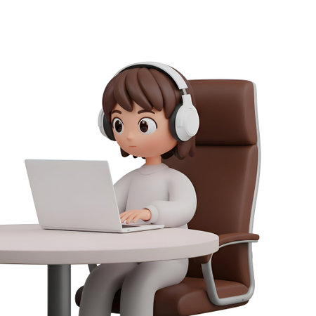 A 3D animated character with brown hair and wearing white headphones is sitting at a round desk, working on a white laptop. The character is dressed in a white long-sleeved shirt and is seated in a brown office chair. The character appears focused and is using the laptop keyboard. The background is plain white, emphasizing the character and the around them.の写真素材