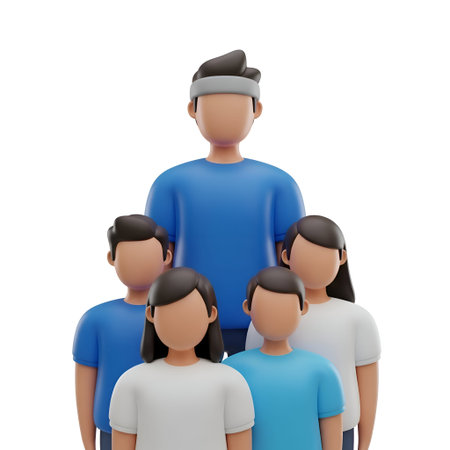 a 3D of a group of five people standing closely together. One individual at the front is wearing a...