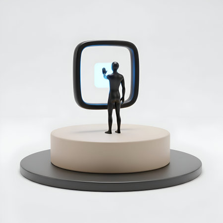 The a black human silhouette standing on a beige circular platform with a gray base. The figure is...
