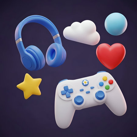 The a 3D rendering of a blue headset and a white game controller with blue and colorful buttons....