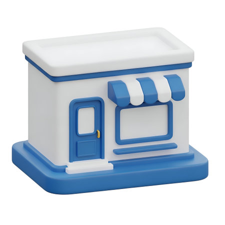 a 3D rendered building with a minimalist The structure is predominantly white with blue accents, including a blue door and a blue-framed window. The building has a flat roof and a small awning above the window. The base of the building is blue, and the entire structure is set against a white background, giving it a clean and modern appearance.の写真素材
