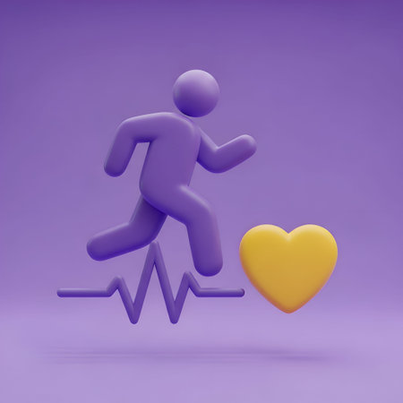 The a 3D purple figure in a running pose, positioned above a purple ECG line. To the right of the figure is a yellow heart symbol. The background is a gradient of purple, providing a cohesive and modern look. The figure appears to be in motion, symbolizing activity and health. The overall style is abstract and digital, focusing on health and wellness concepts.の写真素材
