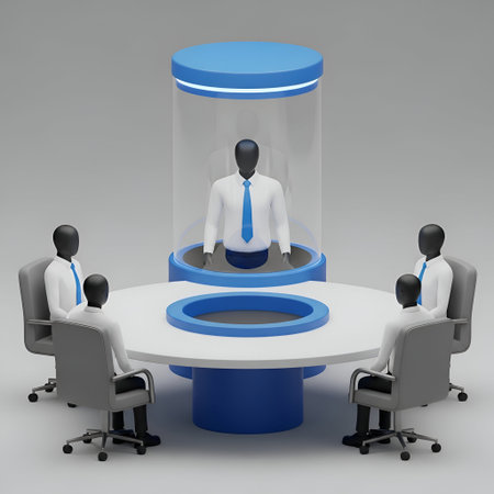 The a business meeting scenario where four individuals in white shirts and blue ties are seated around a round white table with blue accents. One person is inside a transparent protective bubble, suggesting a focus on safety and social distancing. The setting appears to be a corporate office environment, emphasizing a formal and atmosphere. The 3D style gives a modern and clean look to the scene.の写真素材
