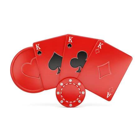 The three red playing cards and a stack of red poker chips on a table. The cards include a King of...