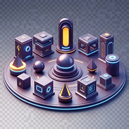 The a collection of futuristic geometric arranged on a circular platform. The include various shapes...