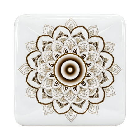 an intricate mandala pattern with a symmetrical The mandala is composed of multiple layers of stylized petals and geometric shapes, primarily in shades of brown and white. The center of the mandala has a gradient effect, transitioning from dark brown to lighter shades. The overall is highly detailed and decorative, various artistic and spiritual contexts.の写真素材