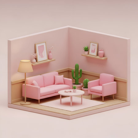 a cozy, pastel-colored living room with a pink sofa and matching armchair. The room a small round table with a book and a plant, a floor lamp with a beige shade, and two shelves with framed vases, and small plants. A large cactus sits on the floor, adding a touch of greenery. The walls are painted in a soft pink hue, and the floor is light wood, creating a warm and inviting atmosphere. The overall style is minimalist and modern, with a focus on comfort and simplicity.の写真素材