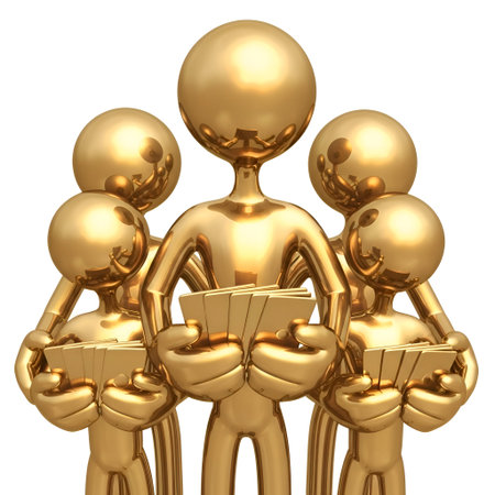 a group of four golden 3D figures standing closely together, each holding a book. The figures are shiny and metallic, reflecting light in a way that highlights their smooth surfaces. They are arranged in a tight formation, suggesting unity and collaboration. The books they hold appear to be open, indicating a focus on reading, study, or education. The overall style is abstract and digital, with a modern and sleek aesthetic.の写真素材