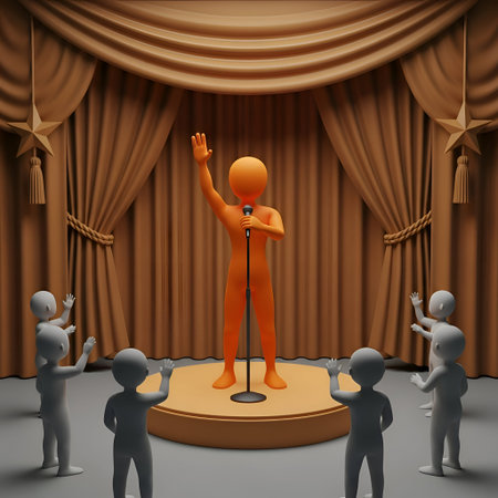 The a 3D of an orange figure standing on a round stage, holding a microphone and performing. The figure is surrounded by five gray figures who appear to be clapping and showing appreciation. The stage is set against a backdrop of brown curtains with tassels and star decorations. The overall setting suggests a theatrical or performance environment, emphasizing the act of public speaking or entertainment.の写真素材