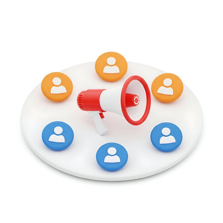 The a 3D of a red megaphone placed at the center of a white plate. Surrounding the megaphone are six...