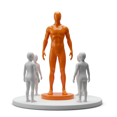 The a central orange human figure standing on a circular base, surrounded by three smaller gray human figures. The orange figure is detailed and realistic, while the gray figures are more abstract and minimalist. The composition is set against a plain white background, emphasizing the contrast between the orange and gray figures. The overall style is modern and artistic, with a focus on the human form and abstract representation.の写真素材
