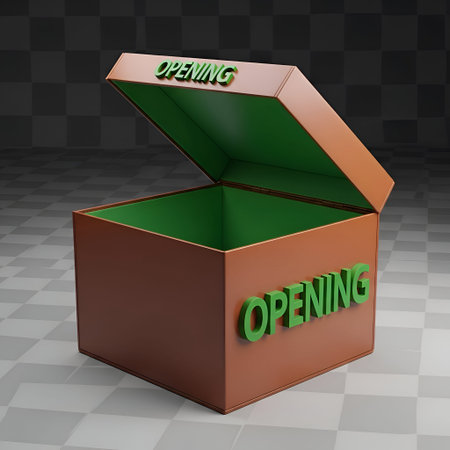 a 3D-rendered open box with a brown exterior and a green interior. The word "OPENING" is prominently displayed in green text on both the lid and the side of the box. The box is positioned on a checkered floor with alternating black and white tiles, casting a subtle shadow. The interior of the box is empty, and the lid is slightly ajar, revealing the green interior.の写真素材