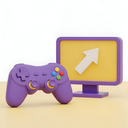 The a 3D rendering of a purple game controller placed on a yellow surface. Next to the controller is...