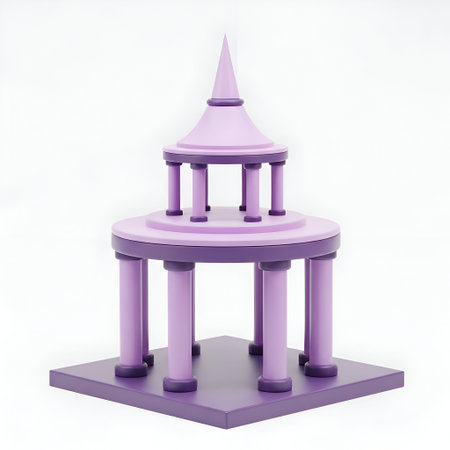 a stylized, two-tiered structure with a conical rendered in shades of pink and purple. The base consists of a square platform supporting four columns that elevate the first tier. This tier, circular in shape, is supported by four smaller columns that hold up the second, smaller circular platform. The structure culminates in a conical shape. The overall design is geometric, symmetrical, and minimalist, giving it a modern and abstract appearance.の写真素材