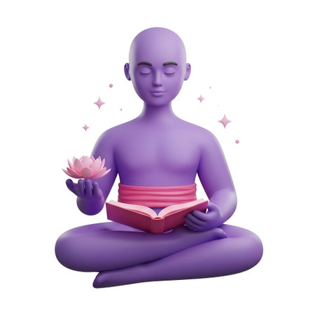 A 3D of a purple-skinned figure sitting in a meditative pose with legs crossed and hands holding a pink lotus flower and a pink book. The figure wears a pink sash around the waist and has a serene expression with eyes closed. Small pink stars float around the figure, adding to the tranquil and spiritual atmosphere. The overall mood is calm and peaceful, evoking a sense of mindfulness and relaxation.の写真素材