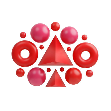 a vibrant and colorful abstract composition consisting of red and pink geometric shapes. The central...