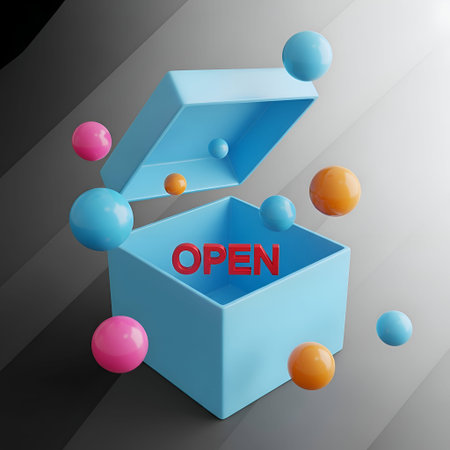 A 3D rendered of an open blue box with the word OPEN written in red on the front. The box has its...