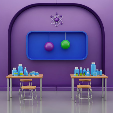 a modern, clean science laboratory setting with a purple backdrop. Two tables with stools are positioned in front of a purple wall featuring a blue rectangular frame. Inside the frame, there are two pendulums with a purple and a green sphere. Above the frame, an atomic symbol is displayed. The tables are equipped with various blue and green chemistry bottles and containers, suggesting an organized and educational environment. The overall style is a 3D with a sleek and modern aesthetic.の写真素材