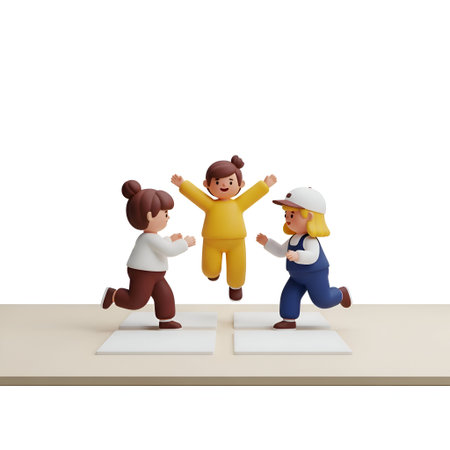 This 3D three children joyfully jumping on separate white squares. The child in the center, wearing...