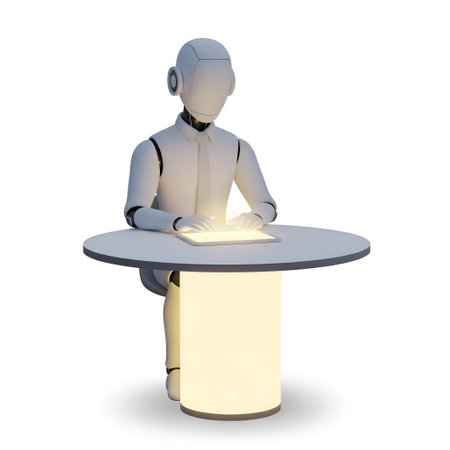A white humanoid robot is depicted sitting at a round table, using a glowing tablet. The robot has a sleek, futuristic with a white body and black accents. The table is round with a light-colored base, and the robot's hands are positioned on the tablet, suggesting it is interacting with the device. The scene is set against a plain background, emphasizing the robot and its activity. The overall mood is futuristic and technological, highlighting the integration of artificial intelligence in a...の写真素材