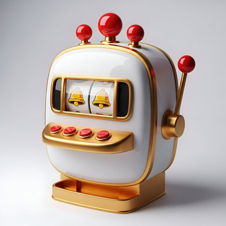 a 3D of a futuristic robot with a predominantly white and gold color scheme. The robot's face resembles a slot machine, complete with two bells as symbols. It has red buttons on its front panel and a shiny, metallic texture. The robot also has red spherical on and a lever on its right side. The overall combines of retro and futuristic styles, giving it a playful yet mechanical appearance.の写真素材