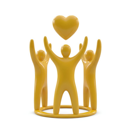 The a 3D rendering of four yellow human figures standing in a circle, each with their arms raised and hands touching a central yellow heart symbol. The figures are positioned on a circular base, creating a sense of unity and togetherness. The heart symbol in the center love, support, and connection among the figures. The overall composition conveys themes of teamwork, community, and positive emotions.の写真素材