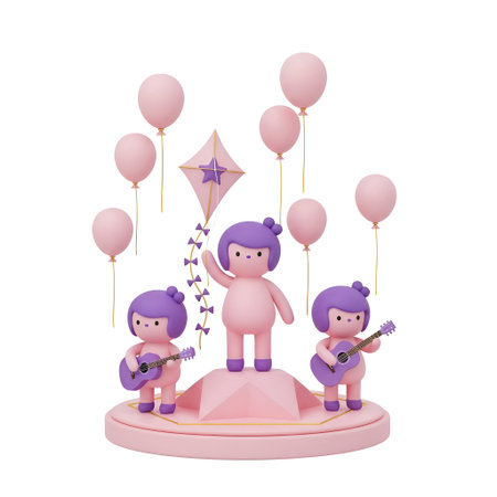The a 3D of a cake topper with three pink figurines. The central figure has purple hair and is...