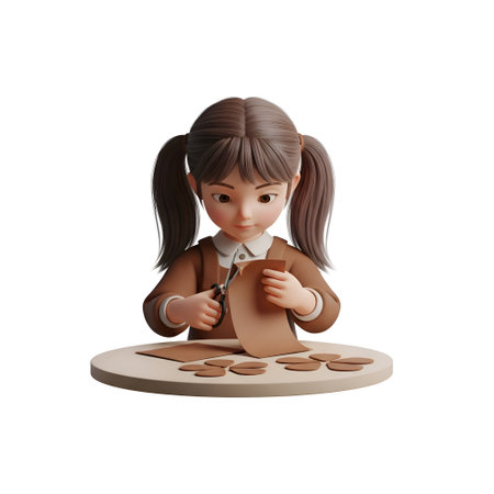 A 3D-rendered of a young girl with long brown pigtails wearing a school uniform. She is focused on cutting a piece of brown paper with a pair of scissors. The scene includes several cut-out shapes on a beige table, suggesting a crafting or educational activity. The has a realistic and detailed style with a soft, pastel color palette.の写真素材