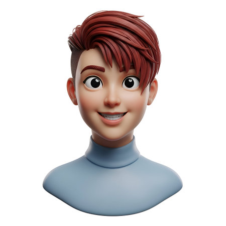 a 3D rendered close-up of a young boy with vibrant red hair and a blue turtleneck. The boy has a...