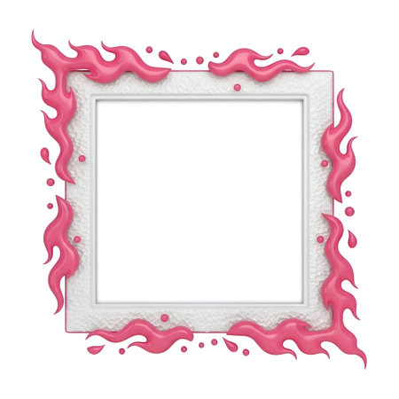 The a square frame with a white background and a decorative pink flame border. The border consists...