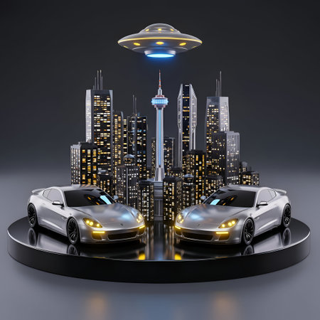 The two silver sports cars positioned symmetrically on a reflective circular platform. Behind them...