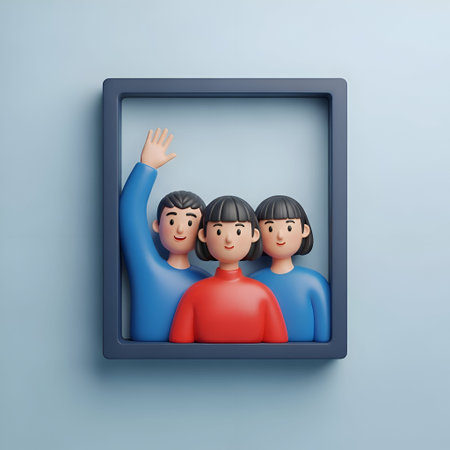 The a 3D of three people standing together inside a square frame. The person on the left is wearing a blue shirt and is waving with their right hand. The person in the middle is wearing a red sweater, and the person on the right is wearing a blue shirt. All three individuals short, dark hair and are smiling. The background is a light blue color, and the frame itself is a muted gray. The overall mood is friendly and welcoming, suggesting a sense of togetherness and happiness.の写真素材