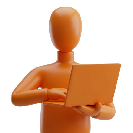 The a 3D-rendered orange figure holding a laptop. The figure is stylized with a smooth, rounded form and lacks facial The laptop is positioned in front of the figure, suggesting a work or study scenario. The background is plain white, emphasizing the simplicity and minimalism of the overall style is abstract and modern, focusing on the digital lifestyle.の写真素材