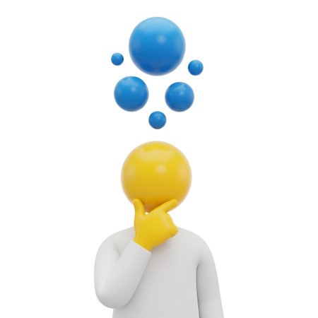 The a 3D of a yellow figure with a large yellow head and a white body. The figure is depicted in a thinking pose, with its hand resting on its chin. Above the figure's head, there are several blue bubbles of varying sizes, symbolizing thoughts or ideas. The background is plain white, emphasizing the simplicity and minimalism of the overall mood of the suggests contemplation, brainstorming, or the process of generating ideas.の写真素材