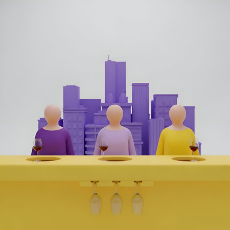 The three faceless individuals sitting at a yellow table, each with a glass of wine in front of them. The background showcases a stylized purple cityscape with various buildings. The scene is rendered in a minimalist, abstract style with a focus on pastel colors and clean lines. The reflections of the wine glasses are visible on the table's surface, adding depth to the composition.の写真素材