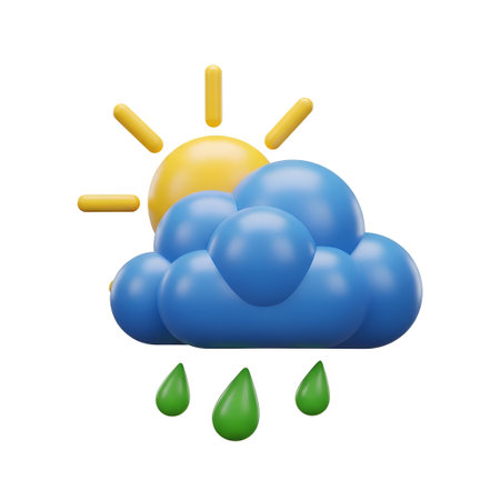 a 3D of a bright yellow sun partially obscured by a cluster of blue clouds. Green raindrops are falling from the bottom of the cloud, indicating a mix of sunny and rainy weather. The overall mood is cheerful and bright, with a clear focus on the contrast between sunshine and rain.の写真素材