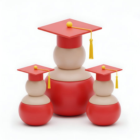 The three red graduation caps placed on of three stacked containers. The containers are red at the bottom and beige at the arranged in a triangular formation. Each cap has a yellow tassel hanging from the side. The is minimalistic and rendered in a 3D style, giving it a clean and modern look.の写真素材