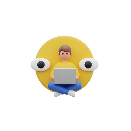 The a 3D of a yellow emoji face with exaggerated white eyes and black pupils. Inside the emoji face, there is a person sitting cross-legged, using a laptop. The person is wearing a yellow shirt and blue pants. The overall style is minimalist and abstract, with a focus on the casual and relaxed mood of the scene.の写真素材