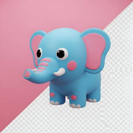 a 3D cartoon elephant with a predominantly blue body and pink accents. The elephant has a goofy expression with large, round eyes and a playful demeanor. Its trunk is curled, and it has a chubby, rounded body with pink spots on its ears and feet. The background is a transparent checkerboard pattern, allowing for easy integration into various The overall style is vibrant and whimsical, making it children's or playful themes.の写真素材