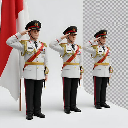 The three 3D-rendered soldiers standing in a formal salute. They are dressed in white uniforms with...