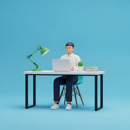 A 3D rendered of a person sitting at a white desk with a laptop, a green desk lamp, and a small cactus. The person is wearing a white shirt, black pants, and white shoes. The desk has a few books stacked on one side. The background is a solid blue color, and the chair is blue with a minimalist The overall scene a casual and focused workspace.の写真素材
