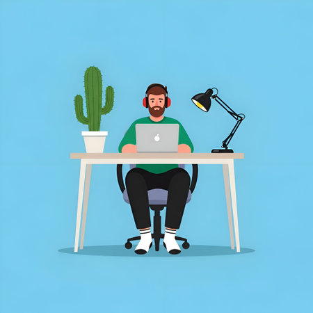 A man with a beard and wearing a green sweater, black pants, and white shoes is sitting at a white...
