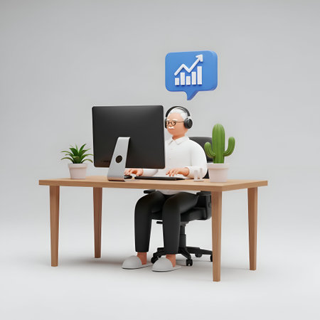 A 3D of a person wearing headphones and glasses, sitting at a wooden desk with a computer monitor...