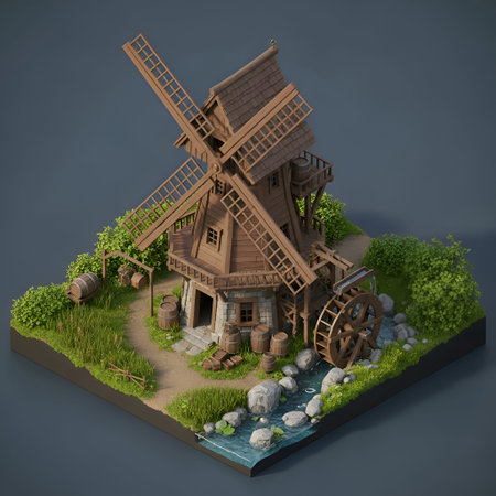 a detailed 3D rendering of a rustic wooden windmill with a large waterwheel. The windmill is...