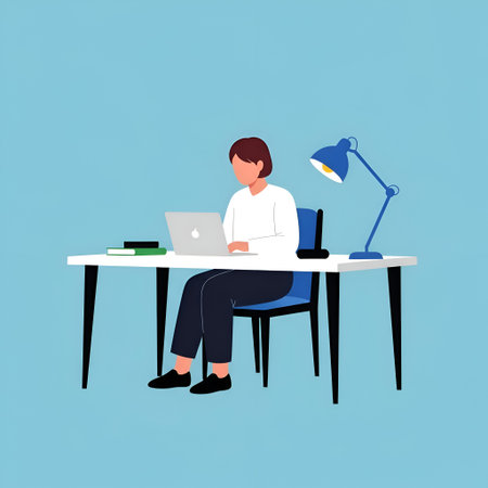 The person sitting at a white desk, using a laptop. The person is wearing a white shirt and black...