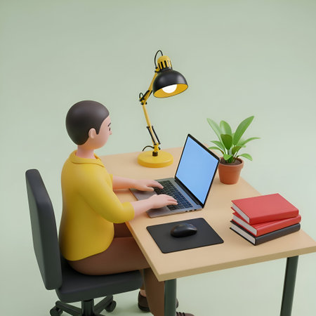 A 3D of a person wearing a yellow shirt sitting at a wooden desk, typing on a laptop. The desk a...
