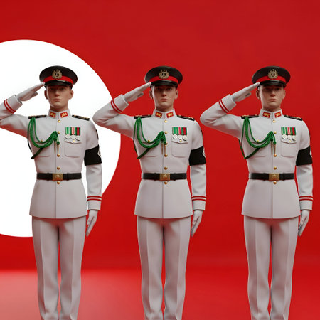 The three soldiers standing in a line, each wearing a white military uniform adorned with green and...